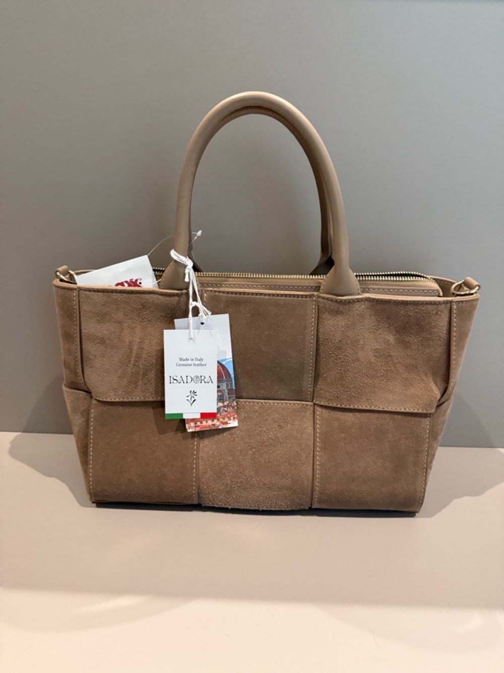 Isadora Suede Taupe satchel bag.  Brand new with tags.  Attached crossbody strap